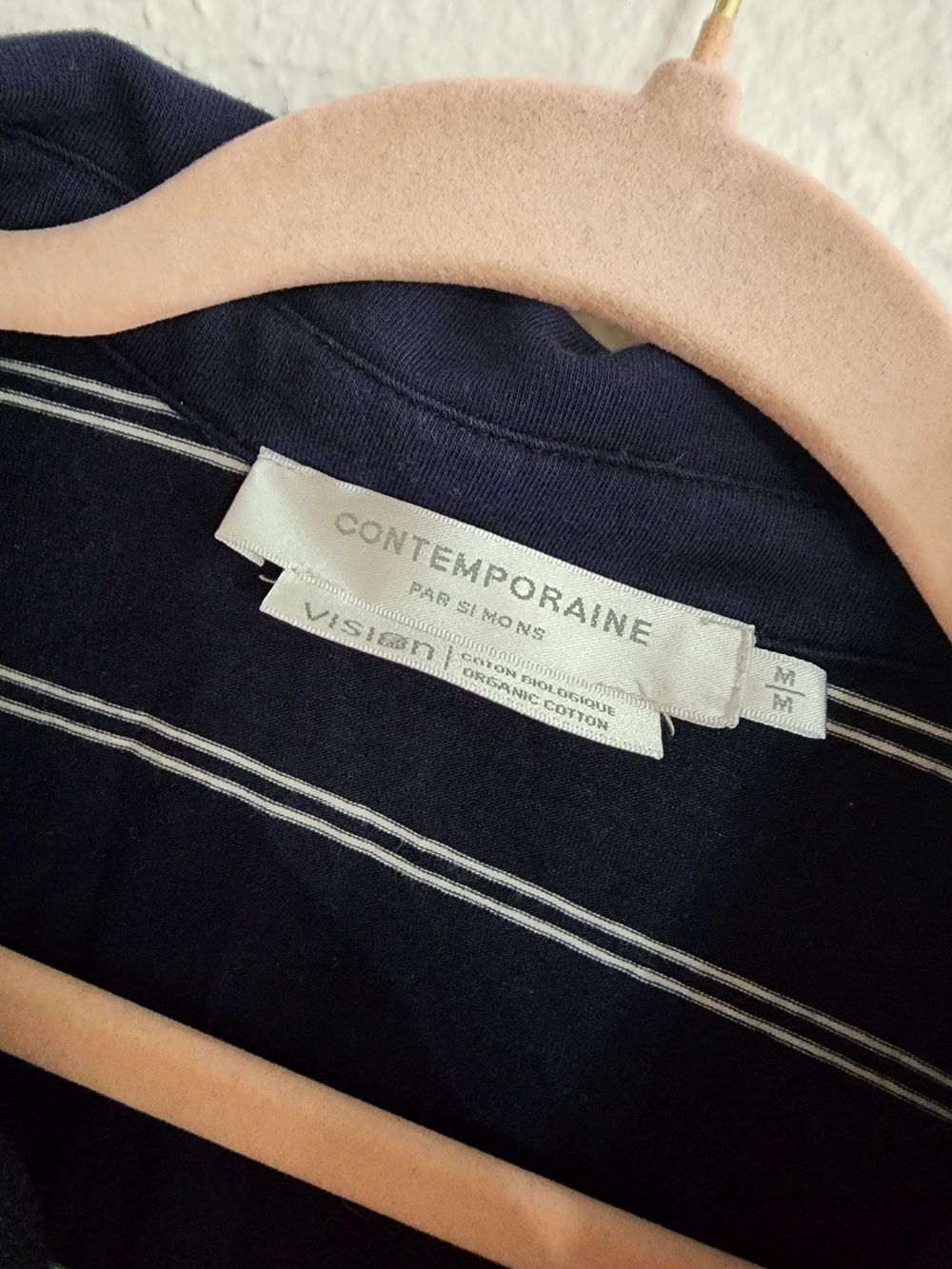 Simons Contemporaine Organic Cotton Navy & White Striped Preppy Polo Button-Down - Picture 4 of 8